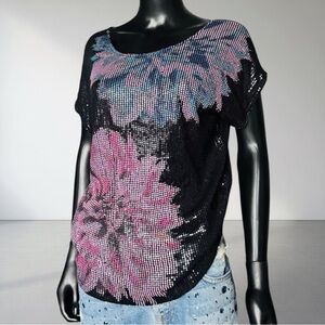 Floral Sequin Embellished Scoop Neck Tee